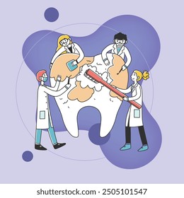 Dentistas felices que limpian el diente grande con la Ilustración vectorial plana del cepillo de dientes. Los médicos diagnostican la caries y curan la caries. Estomatología y concepto de atención médica