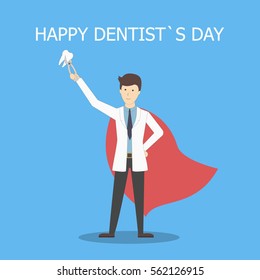 Happy dentist's day celebration card with doctor in red superhero cape.