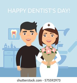 Happy Dentist's Day. Dental clinic. Holiday greeting card medical titles.The patient thanked the dentist and gave the doctor a bouquet of flowers. Vector modern flat style.