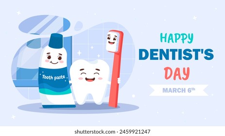 Happy dentists day poster. Oral cleanliness and hygiene. Health care and medicine, treatment. International holiday and festival. Landing webpage design. Cartoon flat vector illustration