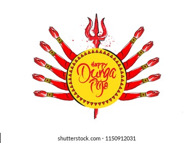 Happy Derga Puja Festival Template Design with Goddess Durga Hands and Trident