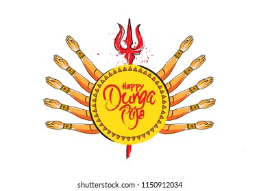 Happy Derga Puja Festival Template Design with Goddess Durga Hands and Trident