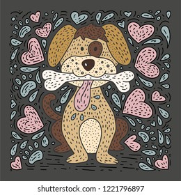 Happy detailed doodle hand drawn dog with a bone and hearts. Doodle cheerful vector illustration with cute happy puppy.