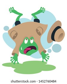 Happy Detective Frog Mascot in brown suit and dark blue pants. Cartoon style vector illustration. Can be used in any topics for kids