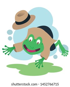 Happy Detective Frog Mascot in brown suit and dark blue pants. Cartoon style vector illustration. Can be used in any topics for kids