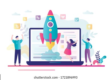 Happy developers, completion of successful business project. Creating an online startup. Rocket takeoff on screen of  laptop. Teamwork, tiny business people. Flat vector illustration