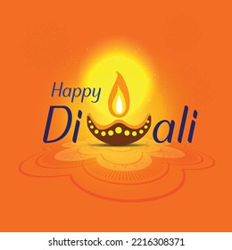 happy dewali typography vector illustration with fire on the orange background