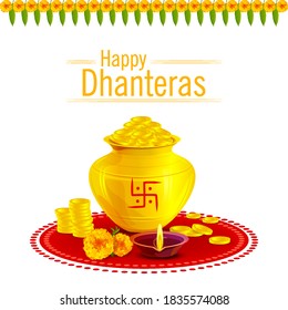 Happy Dhanteras. Happy Dhanteras Background Vector Illustration. Having Marigolds flower (Flowers), Mango leaf (leaves), Diya, Gold coin and many more.