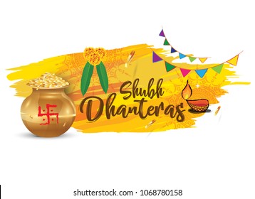 Happy Dhanteras Banner Design with Gold Coins, Kalash, Lamps on Abstract Yellow Background