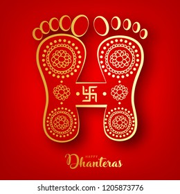 Happy Dhanteras. Beautiful Maa Lakshmi Golden Footprints for Diwali Celebration.
