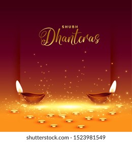 happy dhanteras card with golden coin and diya