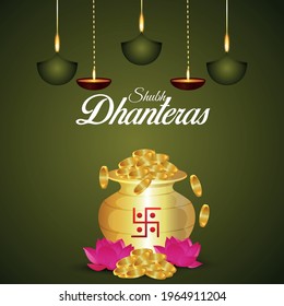 Happy dhanteras celebration background with creative illustration of gold coin pot and lotus flower