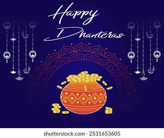 Happy Dhanteras Celebration Background With Golden Coins In Mud Pot with blue background.