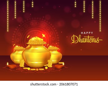 Happy Dhanteras Celebration Concept With Golden Coin Pots And Lit Oil Lamps (Diya) On Brown Light Effect Mandala Background.