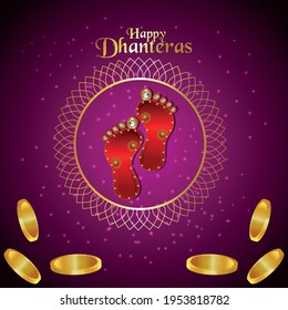 Happy dhanteras celebration greeting card with gold coin and goddesss laxami footprint on purple background