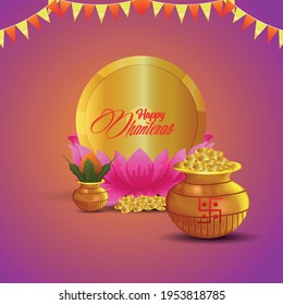 Happy dhanteras celebration greeting card with gold coin pot with kalash