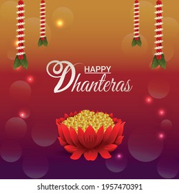 Happy dhanteras celebration greeting card with garland flower and gold coin 