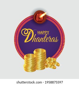 Happy dhanteras celebration greeting card with creative vector gold coin and garland flower