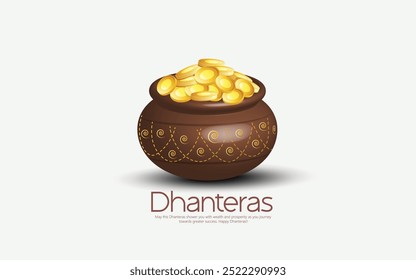 Feliz celebración de Dhanteras, ilustración de una tarjeta de felicitación de Dhanteras con una olla de monedas de oro y arco decorativo, que simboliza la prosperidad y la riqueza durante este auspicioso festival hindú.