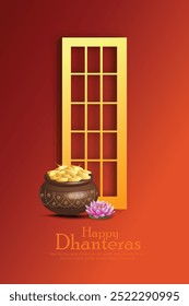 Feliz celebração de Dhanteras, ilustração de um cartão de saudação Dhanteras com um pote de moedas de ouro e arco decorativo, simbolizando prosperidade e riqueza durante este auspicioso festival hindu.