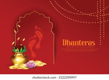 Feliz celebração de Dhanteras, ilustração de um cartão de saudação Dhanteras com um pote de moedas de ouro e arco decorativo, simbolizando prosperidade e riqueza durante este auspicioso festival hindu.