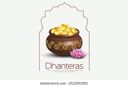 Feliz celebração de Dhanteras, ilustração de um cartão de saudação Dhanteras com um pote de moedas de ouro e arco decorativo, simbolizando prosperidade e riqueza durante este auspicioso festival hindu.