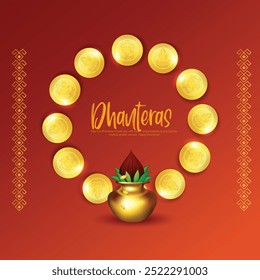 Feliz celebración de Dhanteras, ilustración de una tarjeta de felicitación de Dhanteras con una olla de monedas de oro y arco decorativo, que simboliza la prosperidad y la riqueza durante este auspicioso festival hindú.