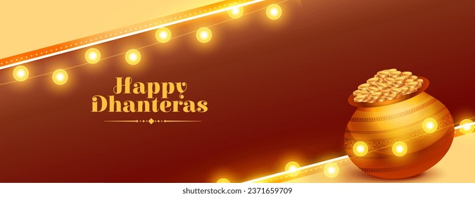 happy dhanteras celebration poster pray for wealth and prosperity vector. Translation: Happy Dhanteras, dhan means wealth teras means thirteen