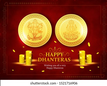 Happy Dhanteras with Coin Pot on shiny floral background for Shubh Dhanteras festival  with gold coin