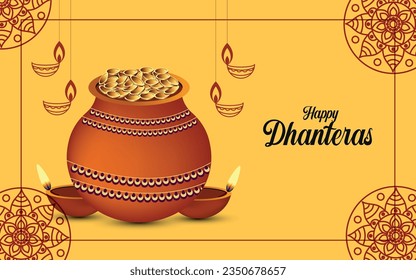 Happy Dhanteras with Coin Pot on shiny floral background for Shubh Dhanteras festival with gold coin
