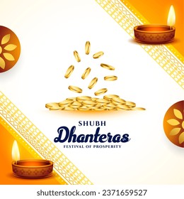 happy dhanteras cultural background with oil lamp and golden coin vector. Translation: Happy Dhanteras, dhan means wealth teras means thirteen