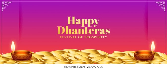 happy dhanteras cultural banner with golden coin and glowing diya vector. Translation: Happy Dhanteras, dhan means wealth teras means thirteen