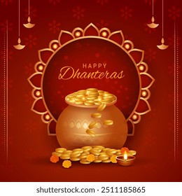 Feliz dhanteras diwali celebração pote com moedas de ouro e adereços decorativos. fundo tradicional do festival, cartão de saudação, ilustração vetorial