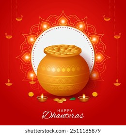 Happy dhanteras diwali celebration pot with golden coins and decorative props. traditional festival background, greeting card, vector illustration