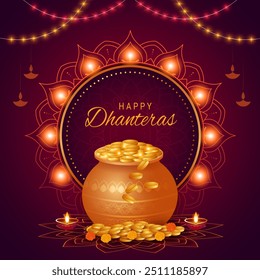 Happy dhanteras diwali celebration pot with golden coins and decorative props. traditional festival background, greeting card, vector illustration