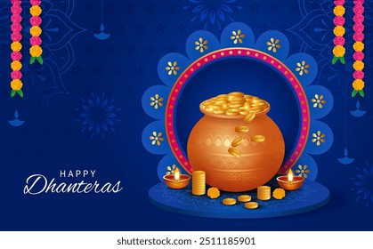 Happy dhanteras diwali celebration pot with golden coins and decorative props. traditional festival background, greeting card, vector illustration