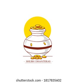 Happy Dhanteras Diwali festival celebration background, shiny pot filled with gold coins, hand draw