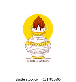 Happy Dhanteras Diwali festival celebration background, shiny pot filled with gold coins, hand draw