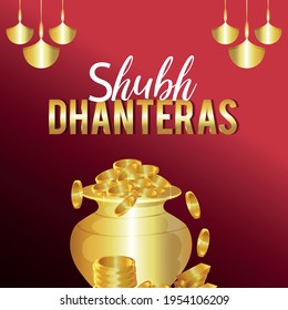 Happy dhanteras, happy diwali indian festival greeting card with gold coin pot