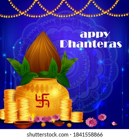 Happy Dhanteras Diwali light festival of India greeting background in vector