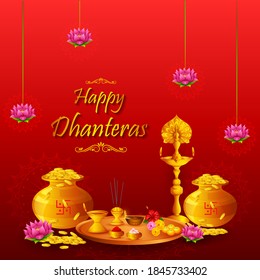 Happy Dhanteras Diwali light festival of India greeting background in vector