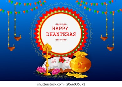 Happy Dhanteras Diwali light festival of India greeting background in vector