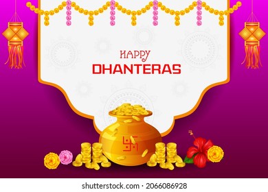 Happy Dhanteras Diwali light festival of India greeting background in vector