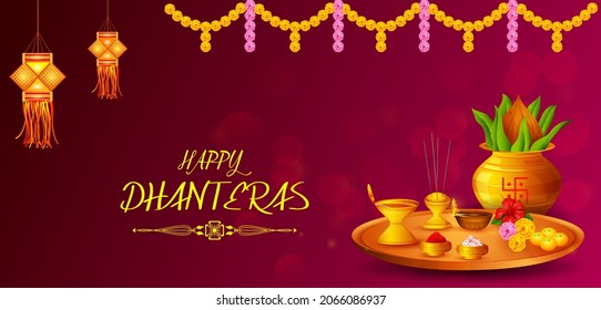Happy Dhanteras Diwali light festival of India greeting background in vector