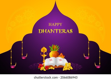 Happy Dhanteras Diwali light festival of India greeting background in vector