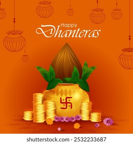 Happy Dhanteras Diwali light festival of India greeting background in vector