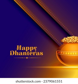 fondo feliz del evento dhanteras con maceta de monedas y vector de efecto de luz. Traducción: Feliz Dhanteras, dhan significa riqueza teras significa trece