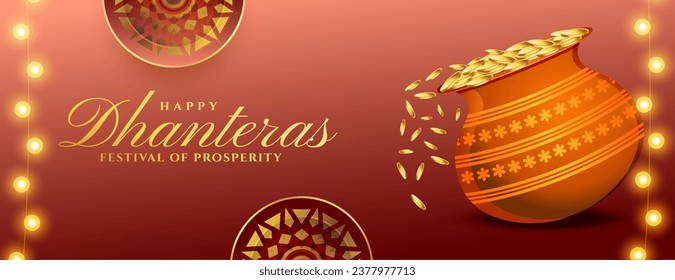 happy dhanteras event banner celebrate for prosperity and wealth vector. Translation: Happy Dhanteras, dhan means wealth teras means thirteen