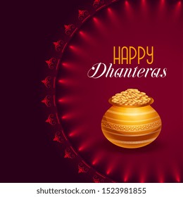 happy dhanteras festival card with golden pot design