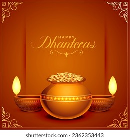 happy dhanteras festival card with golden coin pot and oil diya vector